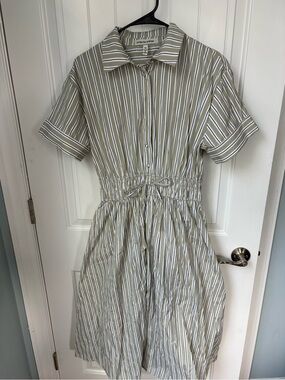Harlow and Rose Olive striped short sleeve midi.